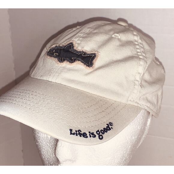 Youth S Life Is Good Tan Cap Applique Fish Embroidered Logo on the Brim GUC - Picture 1 of 13